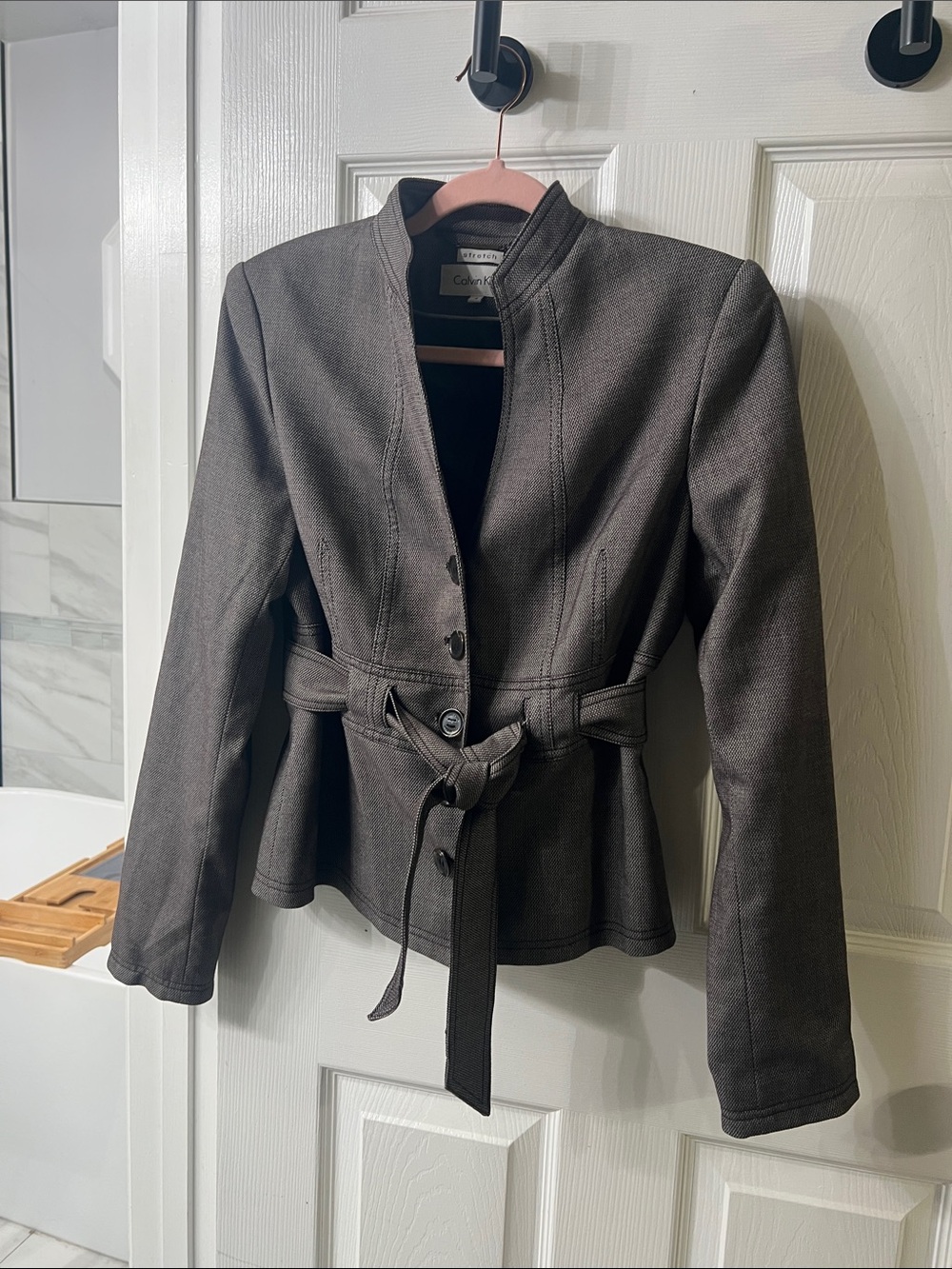 Calvin Klein Stretch Belted Blazer Jacket Gray Size 4 Tailored